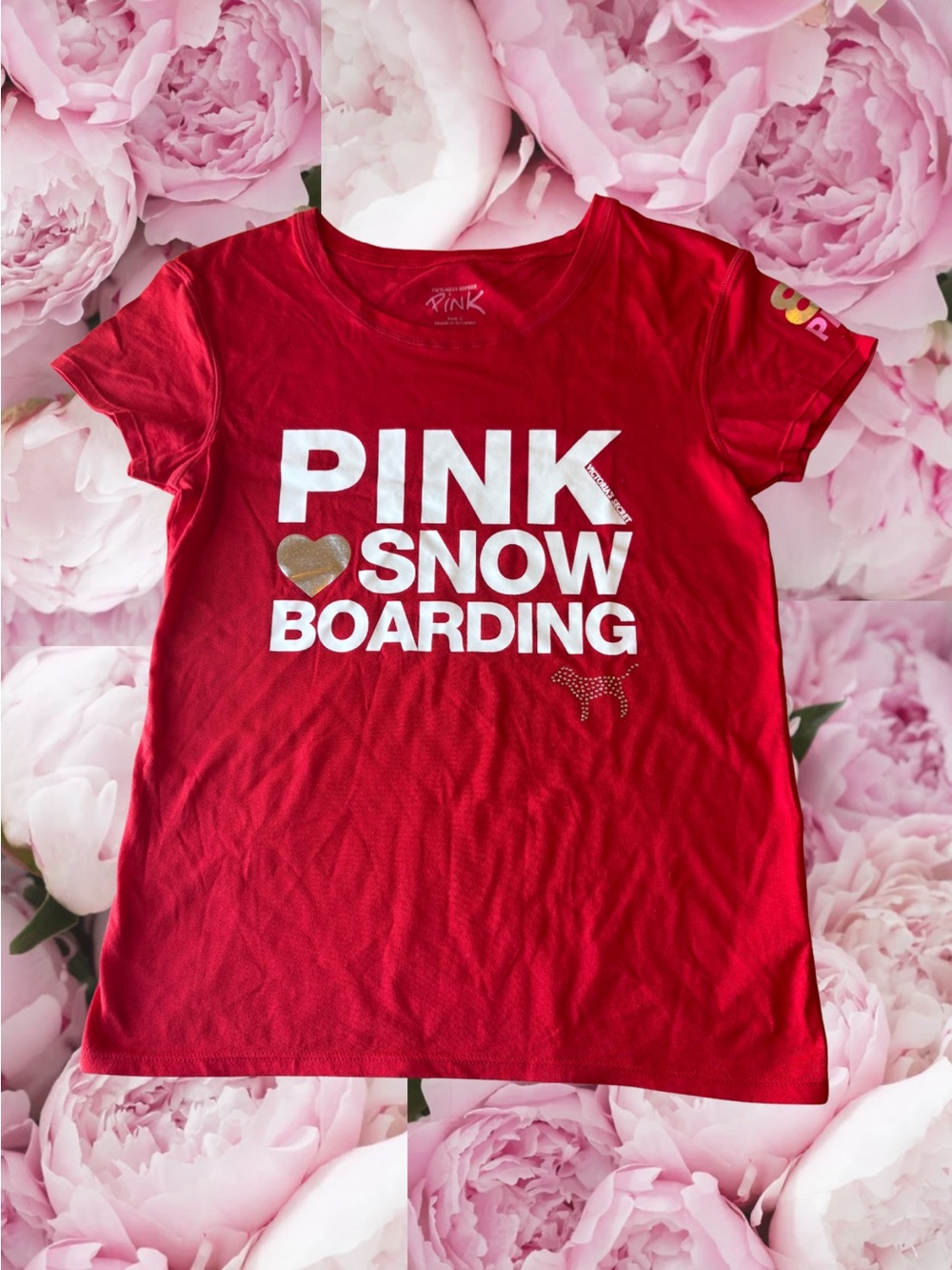 PINK T-Shirt NWT Metallic Bejeweled Red Snow Boarding 100% Cotton